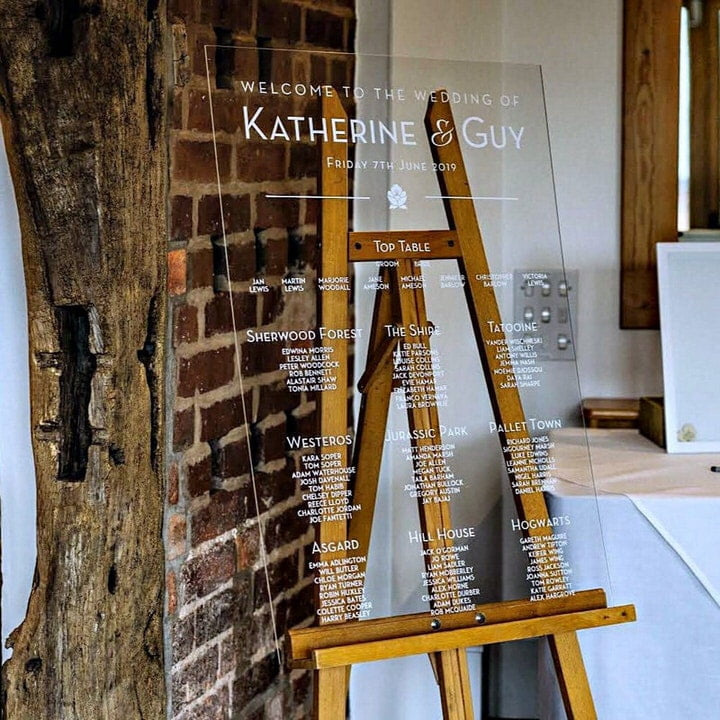 Clear Acrylic Table Plan on wooden easel beside brick wall