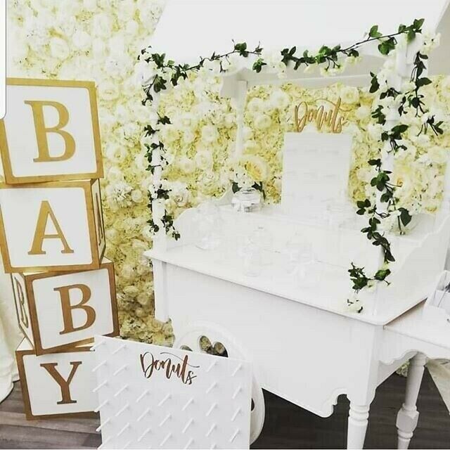 White Candy Cart with gold & white baby blocks & white donut wall