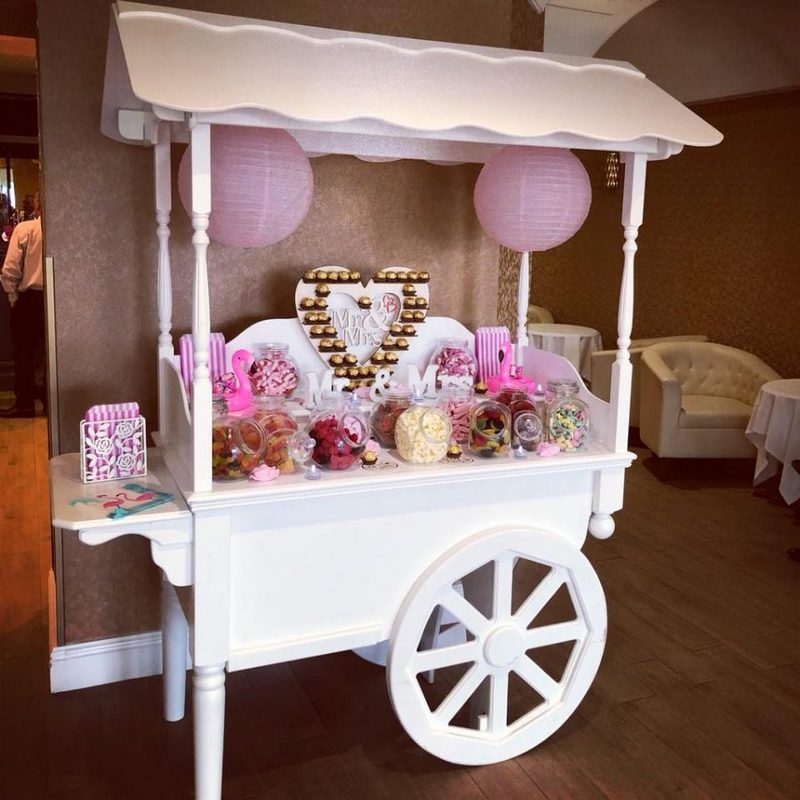 White Candy Cart with 2 pink lanterns & sweets