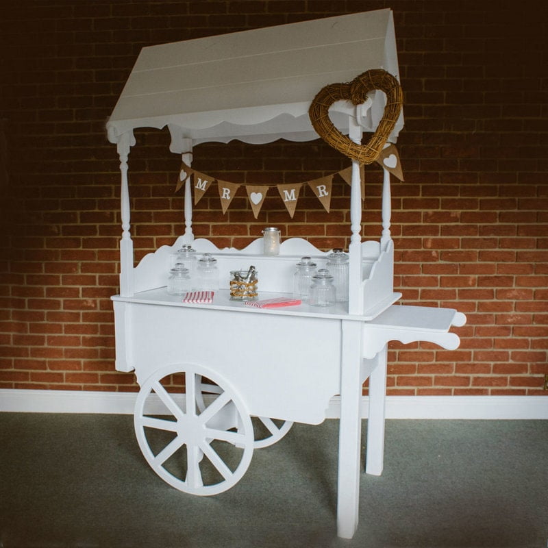 White Candy Cart with brown Mr. & Mrs sign